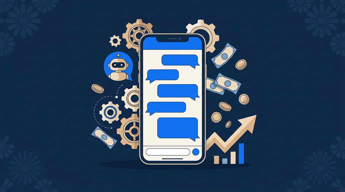 Illustration flat design : smartphone affichant une conversation WhatsApp automatisée, engrenages et billets de dirhams, palette bleu navy et sable — prix d'un chatbot WhatsApp au Maroc