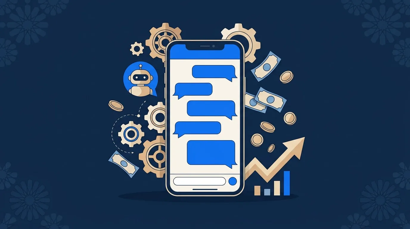 Illustration flat design : smartphone affichant une conversation WhatsApp automatisée, engrenages et billets de dirhams, palette bleu navy et sable — prix d'un chatbot WhatsApp au Maroc
