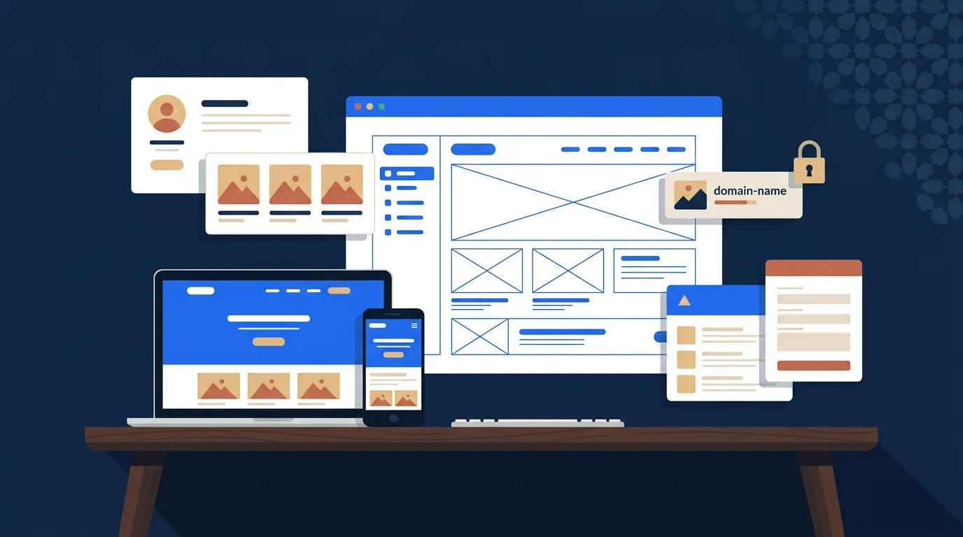 Illustration flat design : maquette de site web sur ordinateur portable, écran mobile, étiquette nom de domaine et cadenas, motif zellige marocain, palette bleu navy et sable — créer un site web professionnel au Maroc