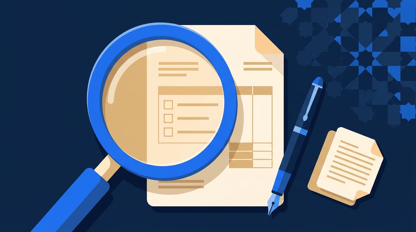 Illustration flat design : document de devis avec cases à cocher, stylo et loupe, dans une palette bleu navy — vérifier un devis de site web au Maroc