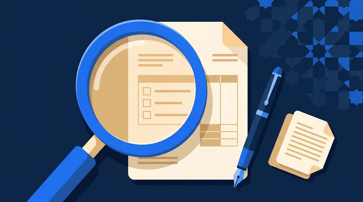 Illustration flat design : document de devis avec cases à cocher, stylo et loupe, dans une palette bleu navy — vérifier un devis de site web au Maroc