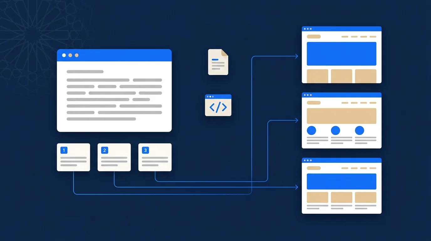 Illustration flat design : écran de conversation IA citant trois sources reliées par des lignes à des pages web, fichier robots.txt et balise de données structurées, motif zellige discret, palette bleu navy et sable — le GEO expliqué