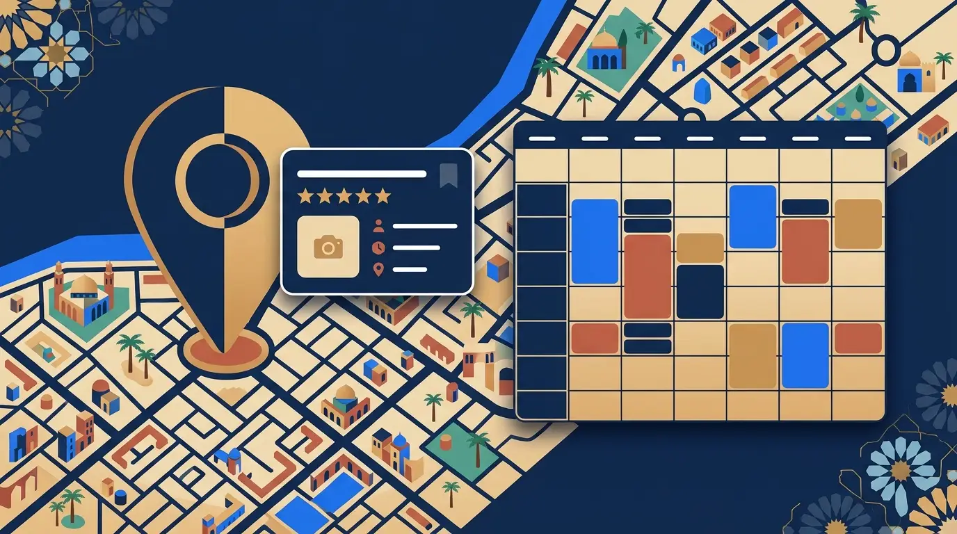 Illustration flat design : épingle de carte plantée sur un plan de ville marocaine, fiche d'établissement notée cinq étoiles et agenda dont les créneaux se remplissent, motifs zellige stylisés, palette bleu navy et sable — fiche Google Business au Maroc