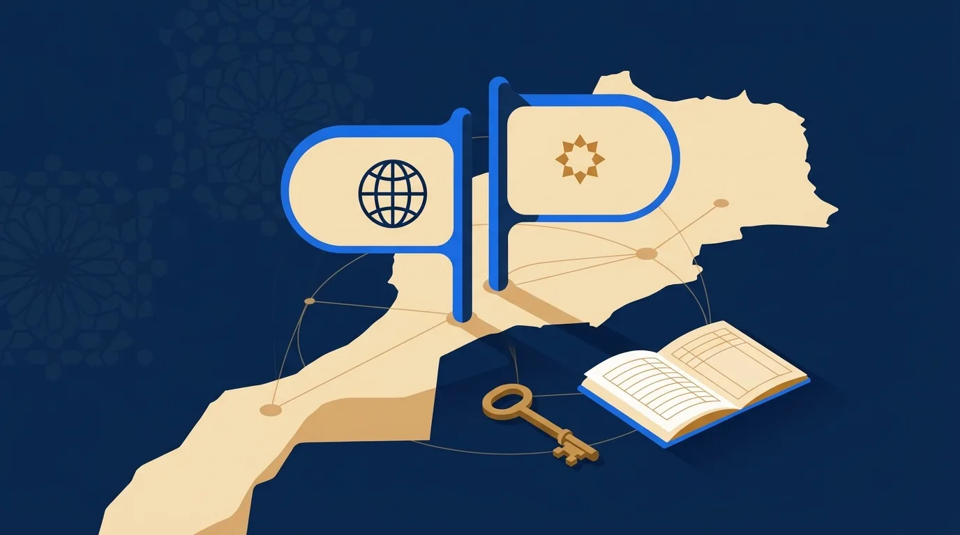 Illustration flat design : deux panneaux bleus plantés sur une carte du Maroc, l'un marqué d'un globe, l'autre d'une étoile géométrique, avec une clé en laiton et un registre ouvert sur fond de zellige, palette bleu navy et sable — choisir entre .ma et .com au Maroc