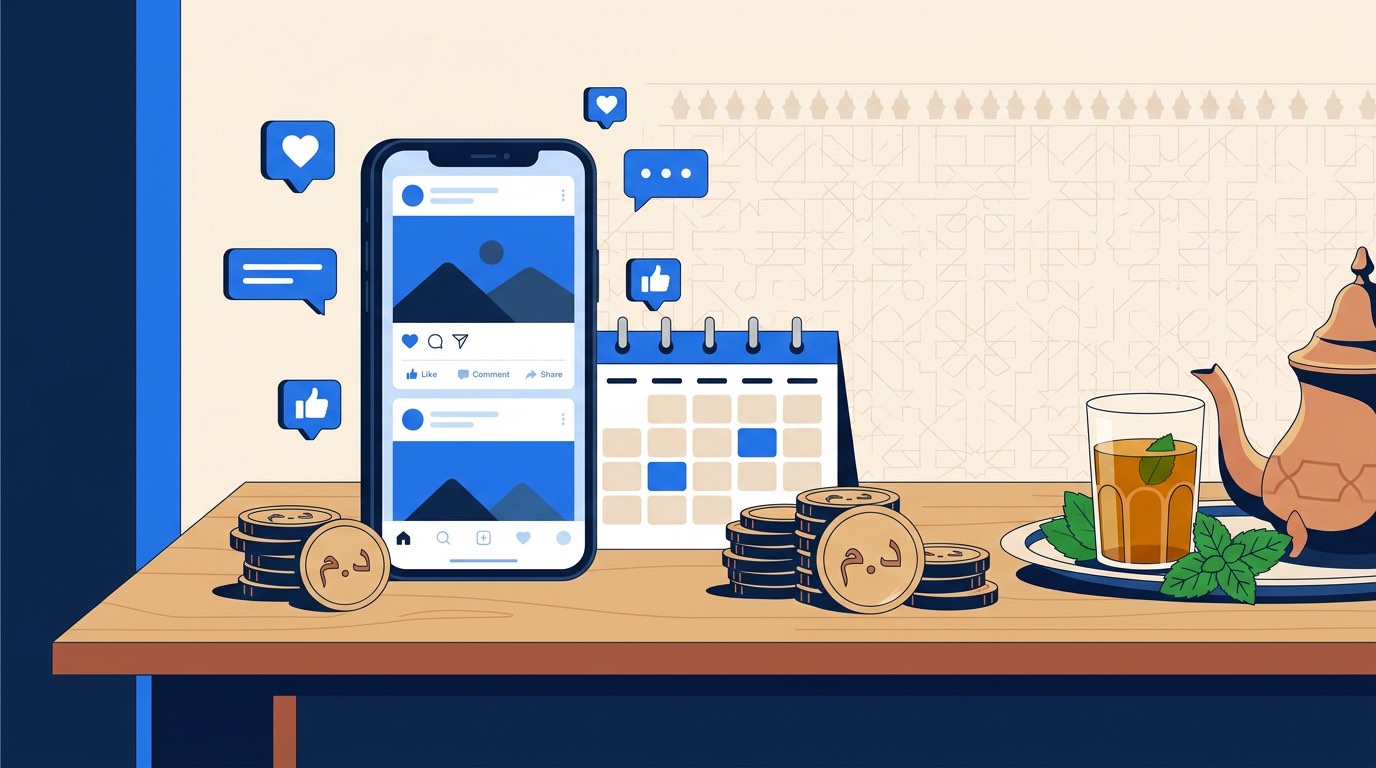 Illustration : smartphone avec fil de réseaux sociaux, calendrier de contenu et pièces de dirhams — les tarifs du community management au Maroc