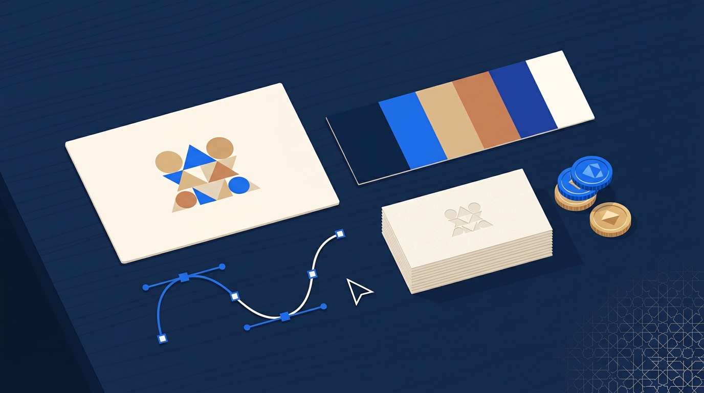 Illustration : planche d'identité visuelle avec formes géométriques, nuancier de couleurs et motif de zellige — le prix d'un logo au Maroc