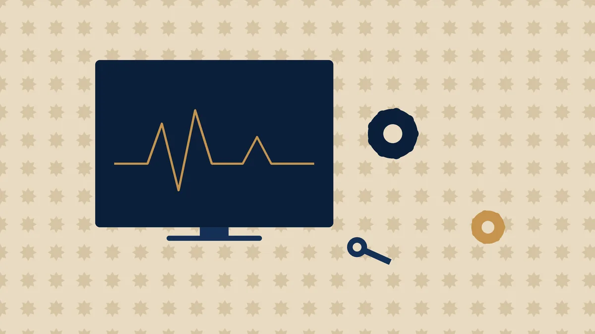 Illustration flat design : roue crantée et clé à molette posées sur un écran d'ordinateur avec courbe de performance, motif zellige discret, palette bleu navy et sable — prix de la maintenance d'un site web au Maroc