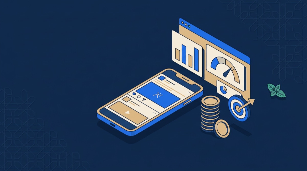 Illustration : smartphone affichant une publicité Instagram, tableau de bord de statistiques et pile de pièces — le prix de la publicité Facebook au Maroc