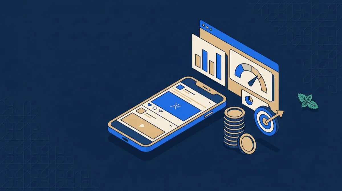 Illustration : smartphone affichant une publicité Instagram, tableau de bord de statistiques et pile de pièces — le prix de la publicité Facebook au Maroc