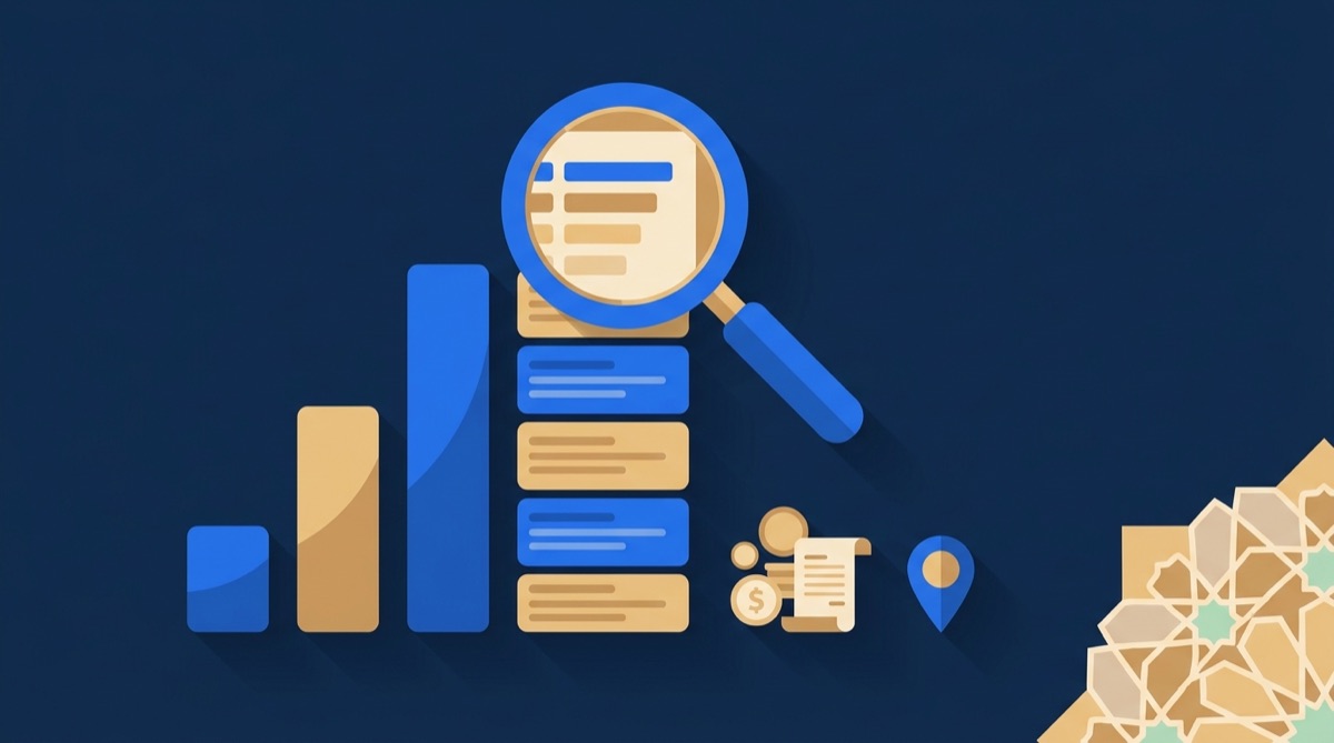 Illustration : courbe de positionnement Google qui monte, loupe sur une page de résultats et icônes de facturation mensuelle — le prix du SEO au Maroc