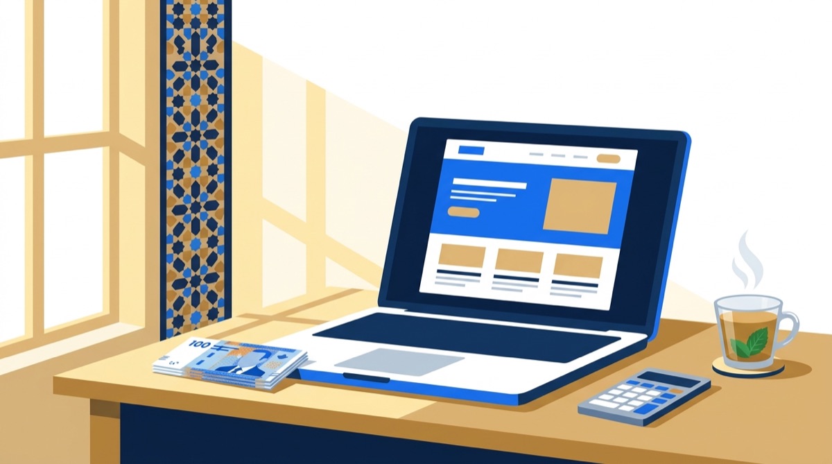 Illustration : ordinateur portable avec maquette de site web, billets de dirhams et calculatrice — le prix d'un site web au Maroc