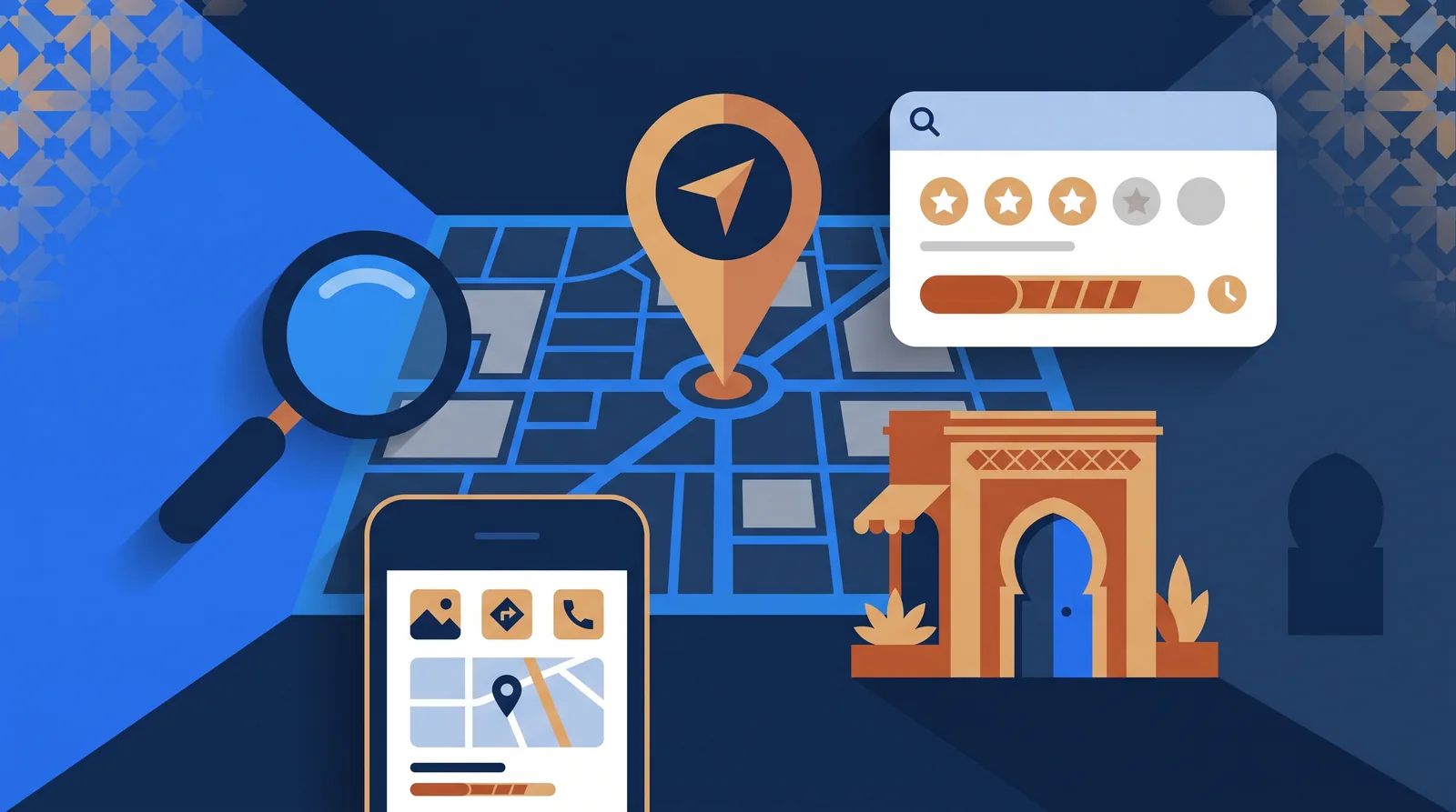 Illustration flat design : épingle de carte plantée sur un plan de ville, fiche de résultat local Google avec étoiles d'avis, devanture de commerce marocain à arche et loupe, motif zellige discret, palette bleu navy et sable — référencement Google local au Maroc