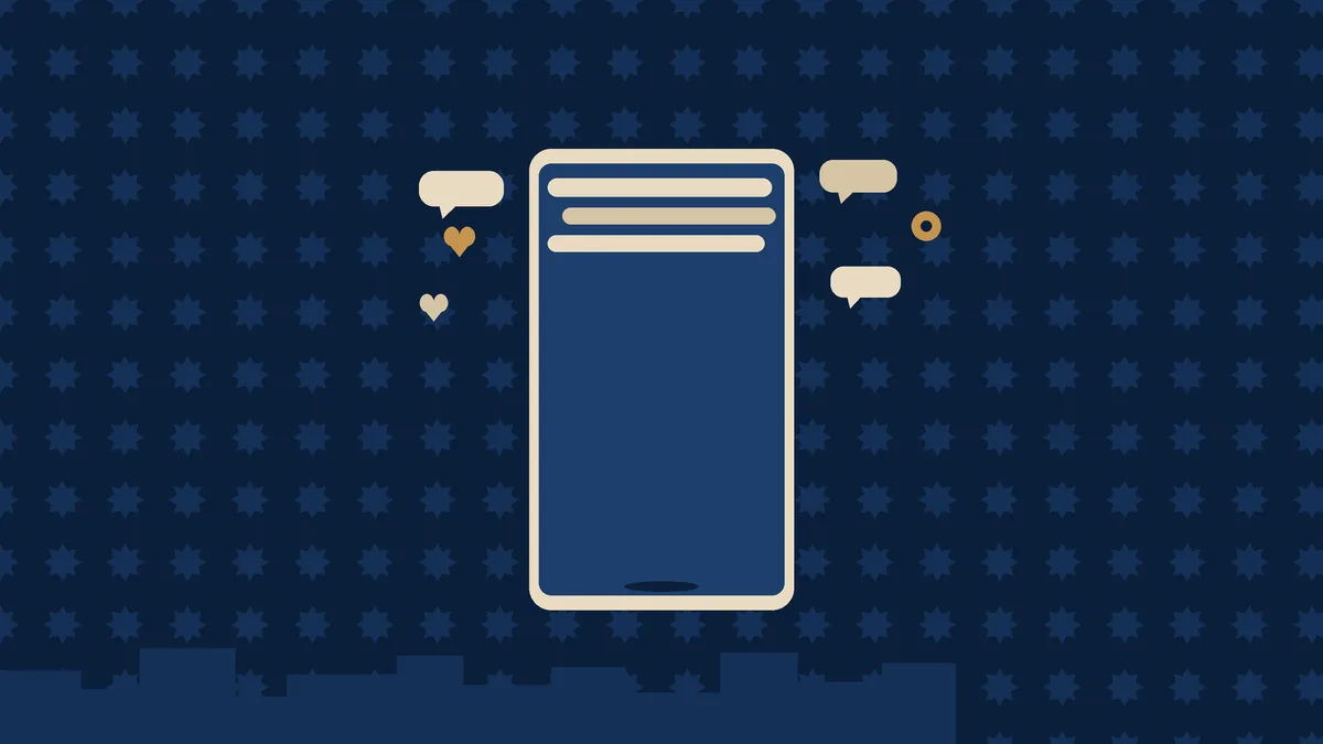 Illustration flat design : smartphone entouré de bulles de messages et de cœurs, silhouette de la ville de Casablanca et motif zellige discret, palette bleu navy et sable — SMM (marketing des réseaux sociaux) au Maroc