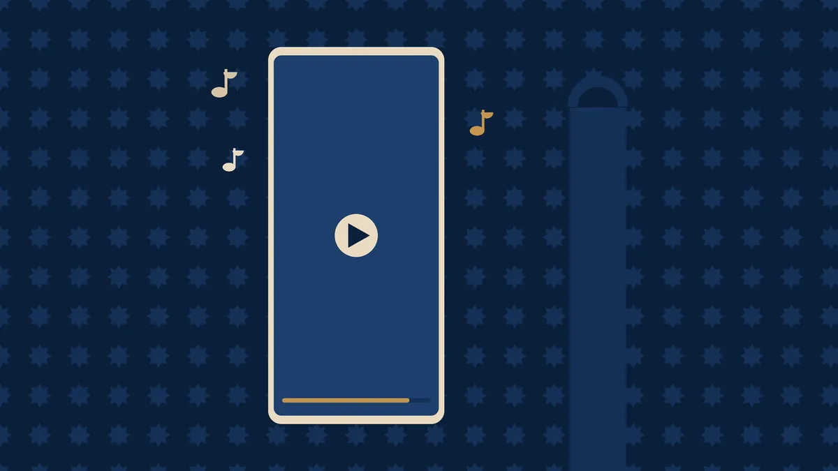Illustration flat design : téléphone vertical en format 9:16 diffusant une vidéo courte, notes musicales, silhouette marocaine et motif zellige discret, palette bleu navy et sable — TikTok Business au Maroc