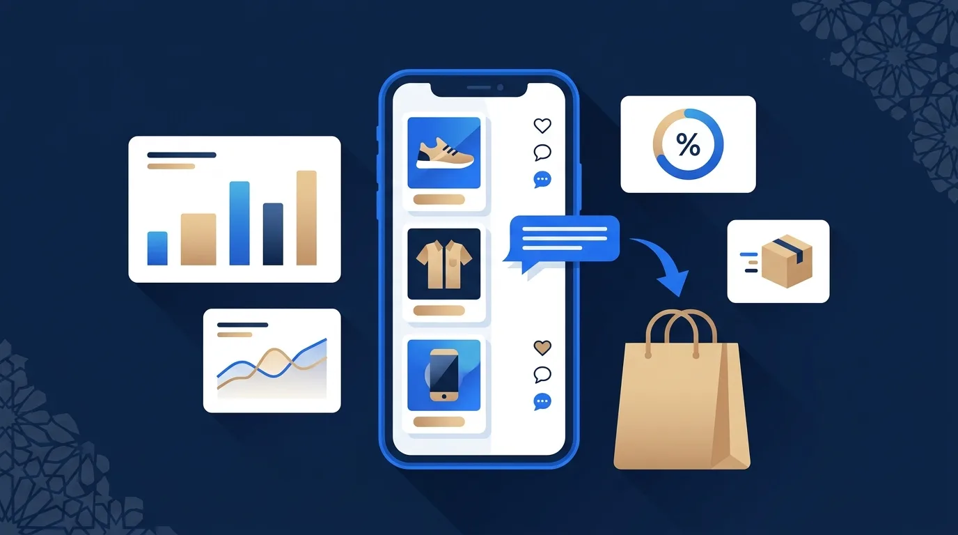 Illustration flat design : smartphone affichant un fil de produits Instagram, bulle de conversation et flèche vers un sac de shopping, motifs zellige stylisés, palette bleu navy et sable — vendre sur Instagram au Maroc