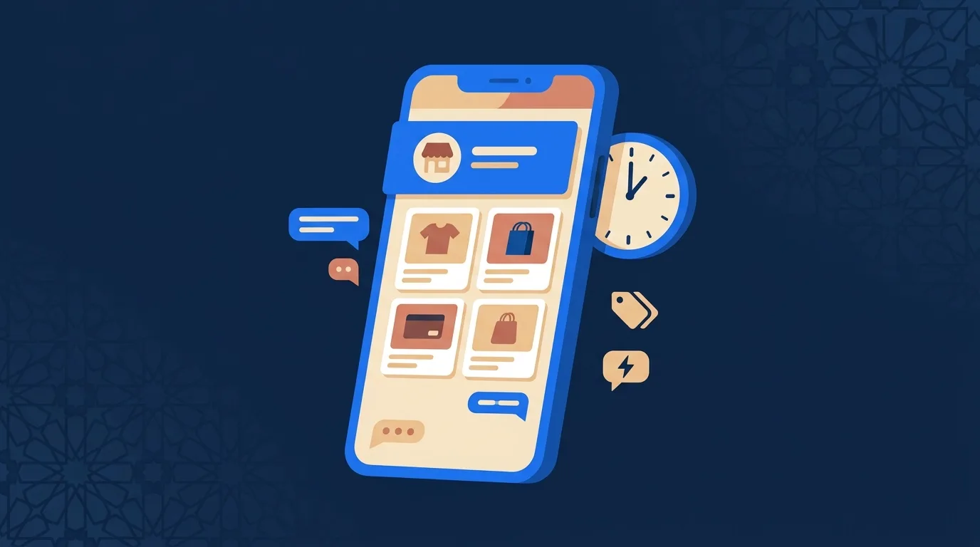 Illustration flat design : smartphone affichant un profil WhatsApp Business avec catalogue produits, horloge et éléments de zellige stylisés, palette bleu navy et sable — configurer WhatsApp Business au Maroc